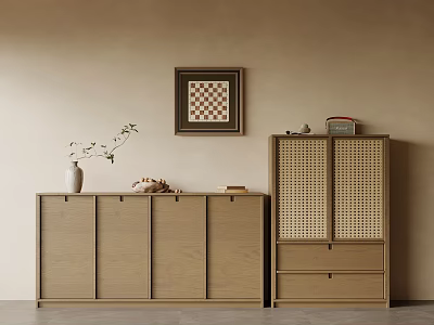 Minimalist Wooden Entryway Cabinet And Side Cabinet With Vase Plant And Framed Art 3d model