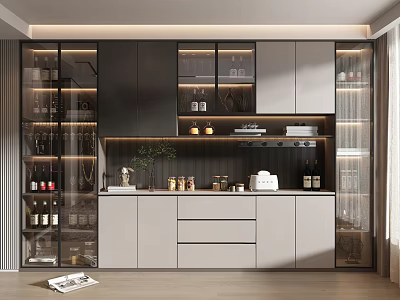 Modern Wine Cabinet With Glass Doors And LED Lighting For Home Bar 3d model