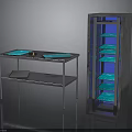 Metal Table With Blue Countertops Lower Shelf Black Mat And Tall Metallic Cabinet Blue Shelves