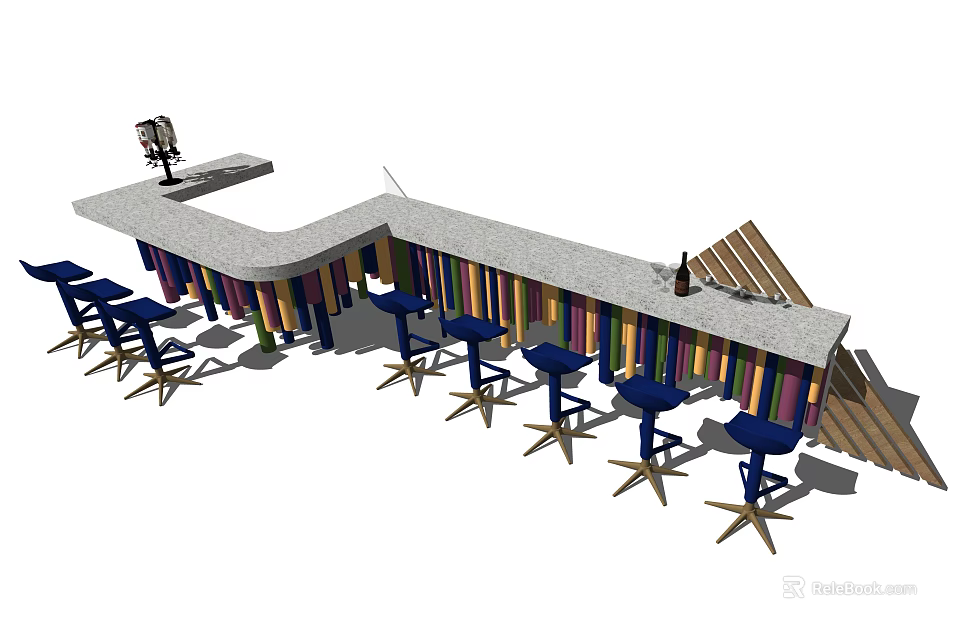 Colorful Striped Bar Counter With Light Colored Top And Blue Bar Stools 3d model 