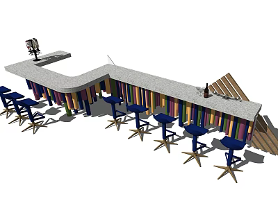 Colorful Striped Bar Counter With Light Colored Top And Blue Bar Stools 3d model