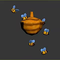 Yellow Honeycomb Structure Surrounded by Flying Small Bees with Blue Wings