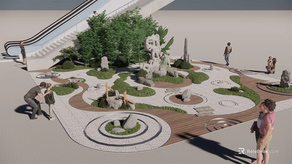 Garden Landscape Design With Circular Paths Stone Features Green Plants And Wooden Deck 3d model 