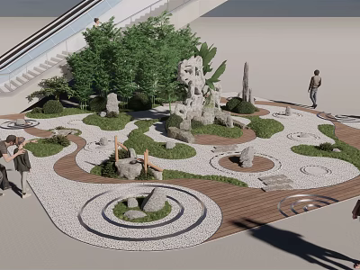 Garden Landscape Design With Circular Paths Stone Features Green Plants And Wooden Deck 3d model