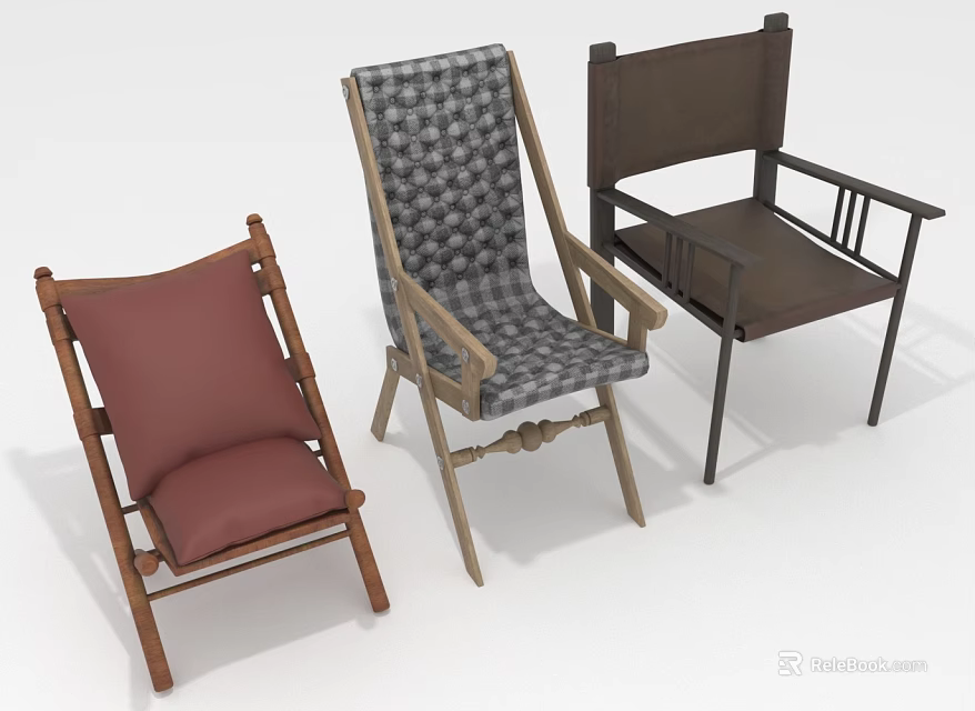 Three Stylish Leisure Chairs With Wooden Frames Red Checkered Cushions And Rocking Armchair Designs 3d model 