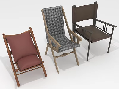 Three Stylish Leisure Chairs With Wooden Frames Red Checkered Cushions And Rocking Armchair Designs 3d model