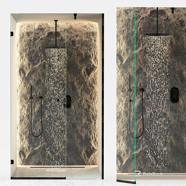 Modern Shower Sauna Design With Stone Wall Glass Partition And Natural Water Flow 3d model 