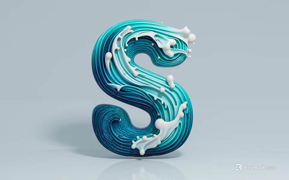 Unique Art Installation Featuring Letter S Shape With Turquoise Blue White Splatter Wavy Texture 3d model 