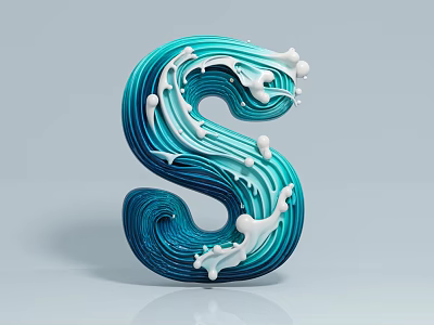 Unique Art Installation Featuring Letter S Shape With Turquoise Blue White Splatter Wavy Texture 3d model