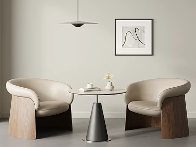 Beige Leather Accent Chairs With Wooden Frames And Round Side Table In Modern Living Space 3d model