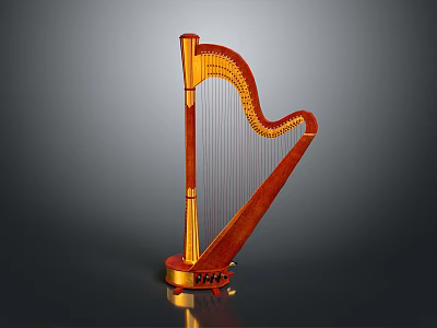 Elegant Classical Wooden Harp With Golden Strings And Polished Brown Body 3d model