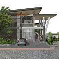 Modern Building Exterior Design With Wooden Roof Large Windows Palm Trees And Parked Cars
