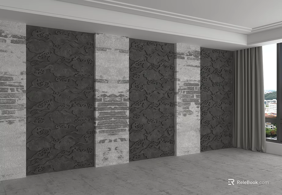 Modern Accent Wall Design With Dark Patterned Panels And Gray Brick Sections 3d model 