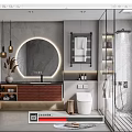 Modern Bathroom Interior With Round Backlit Mirror Wooden Vanity Glass Shower And Toilet