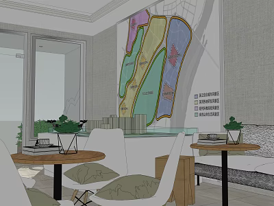 Modern Sales Office Interior With Layout Plan Display Reception Tables Chairs And Green Plants 3d model