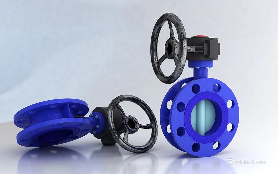 Two Blue Flange Valves With Black Wheel Handles Standing And Lying 3d model 