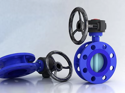 Two Blue Flange Valves With Black Wheel Handles Standing And Lying 3d model