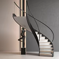 Modern Staircase with Black Handrail Glass Railing White Steps and Black Sculpture by Gray Wall