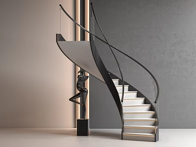 Modern Staircase with Black Handrail Glass Railing White Steps and Black Sculpture by Gray Wall 3d model