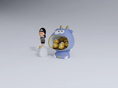 Blue Horned Cartoon Decorative Ornament Set With Golden Balls And Small Striped Figure 3d model
