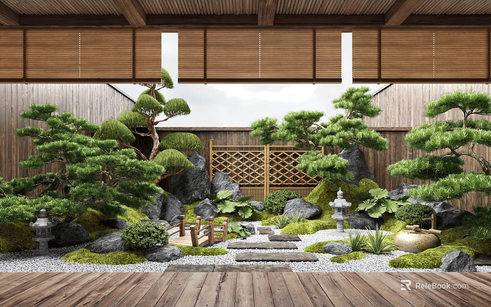 Japanese Courtyard Garden With Pine Trees Rocks Stone Lantern Stone Steps Bamboo Blinds And Plants 3d model 