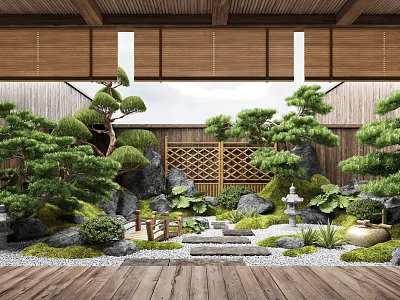 Japanese Courtyard Garden With Pine Trees Rocks Stone Lantern Stone Steps Bamboo Blinds And Plants 3d model