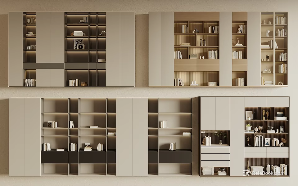 Modern Bookcase Design With Open And Closed Shelves Multiple Compartments And Drawers 3d model
