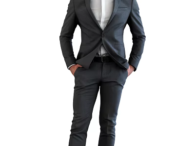 A Man In Well Tailored Gray Suit With White Shirt Hands In Pockets Standing 3d model