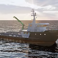 PELICANO Red Brown Work Vessel With Green Crane On Ocean Water