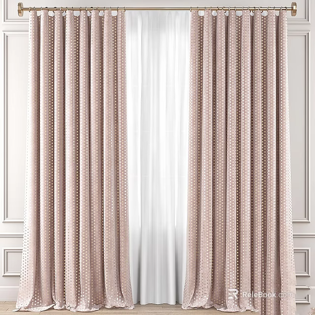 Pink Polka Dot Patterned Curtains For Window With White Sheer Lining Home Decor 3d model 
