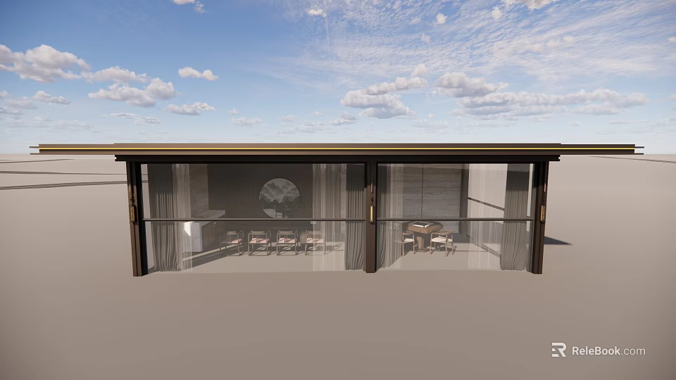 Bright Modern Sunroom Featuring Large Glass Windows And Cozy Furniture With Blue Sky View 3d model 