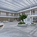 Modern Lobby With Glass Ceiling Large Screen Green Plants And Marble Floor