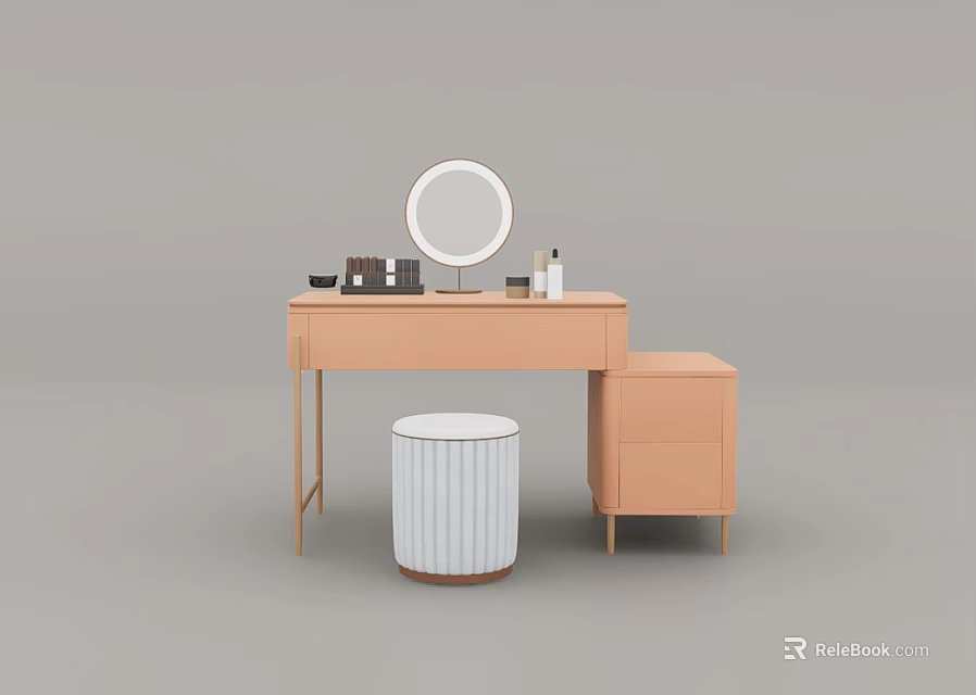 Beige Dressing Table Featuring Round Mirror Striped White Stool And Cosmetics On Top 3d model