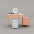 Beige Dressing Table Featuring Round Mirror Striped White Stool And Cosmetics On Top 3d model