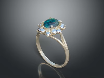 Elegant Silver Ring With Central Green Gemstone And Small Diamonds 3d model