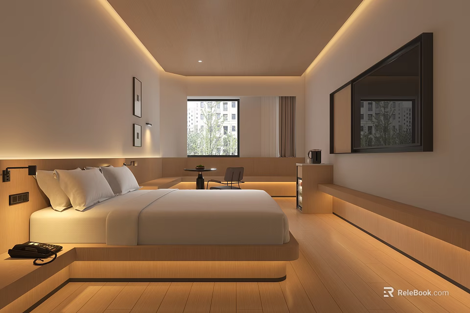 Hotel Room With Minimalist Design Large Bed White Bedding Wooden Flooring Recessed Lighting And TV 3d model 