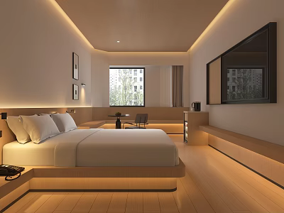 Hotel Room With Minimalist Design Large Bed White Bedding Wooden Flooring Recessed Lighting And TV 3d model