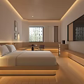 Hotel Room With Minimalist Design Large Bed White Bedding Wooden Flooring Recessed Lighting And TV