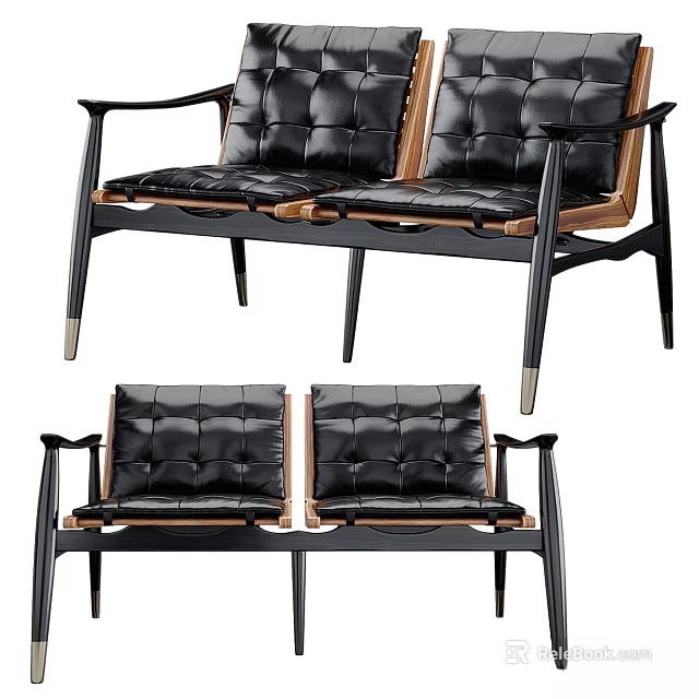 Modern Two Seater Sofa With Black Leather Upholstery Wooden Armrests And Metal Legs 3d model 