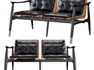 Modern Two Seater Sofa With Black Leather Upholstery Wooden Armrests And Metal Legs 3d model