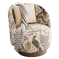 Elegant Floral Bird Pattern Accent Chair With Decorative Pillow And Throw Blanket