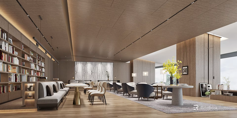 Modern Book Art Reading Room Interior With Wooden Elements 3d model