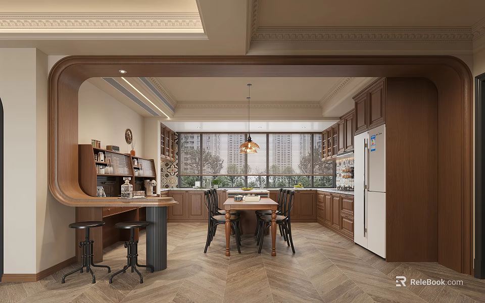 Modern Restaurant Interior With Wooden Cabinets Dining Table Chairs Pendant Lights And Bar Stools 3d model 