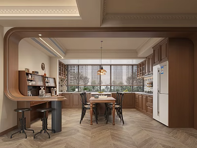 Modern Restaurant Interior With Wooden Cabinets Dining Table Chairs Pendant Lights And Bar Stools 3d model