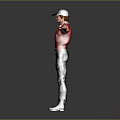 A Man In Red Shirt And Black Cap Stretching Arms Wide Against Gray Background