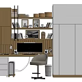 Modern Desk And Chair Set In Home Office With Bookshelves Cabinets And Computer