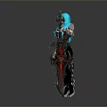 Fantasy Woman With Blue Hair And Horns In Black Outfit Holding Red Detailed Weapon