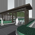 Covered Entrance Gate With Trees Modern Building Background And Pedestrians On Paved Ground