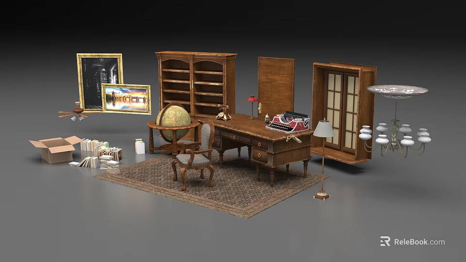 Traditional Study Interior Featuring Desk And Chair Set With Bookcase Globe Lamp And Rug 3d model 