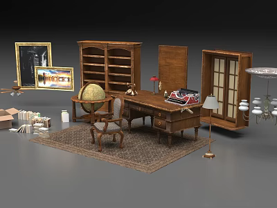 Traditional Study Interior Featuring Desk And Chair Set With Bookcase Globe Lamp And Rug 3d model